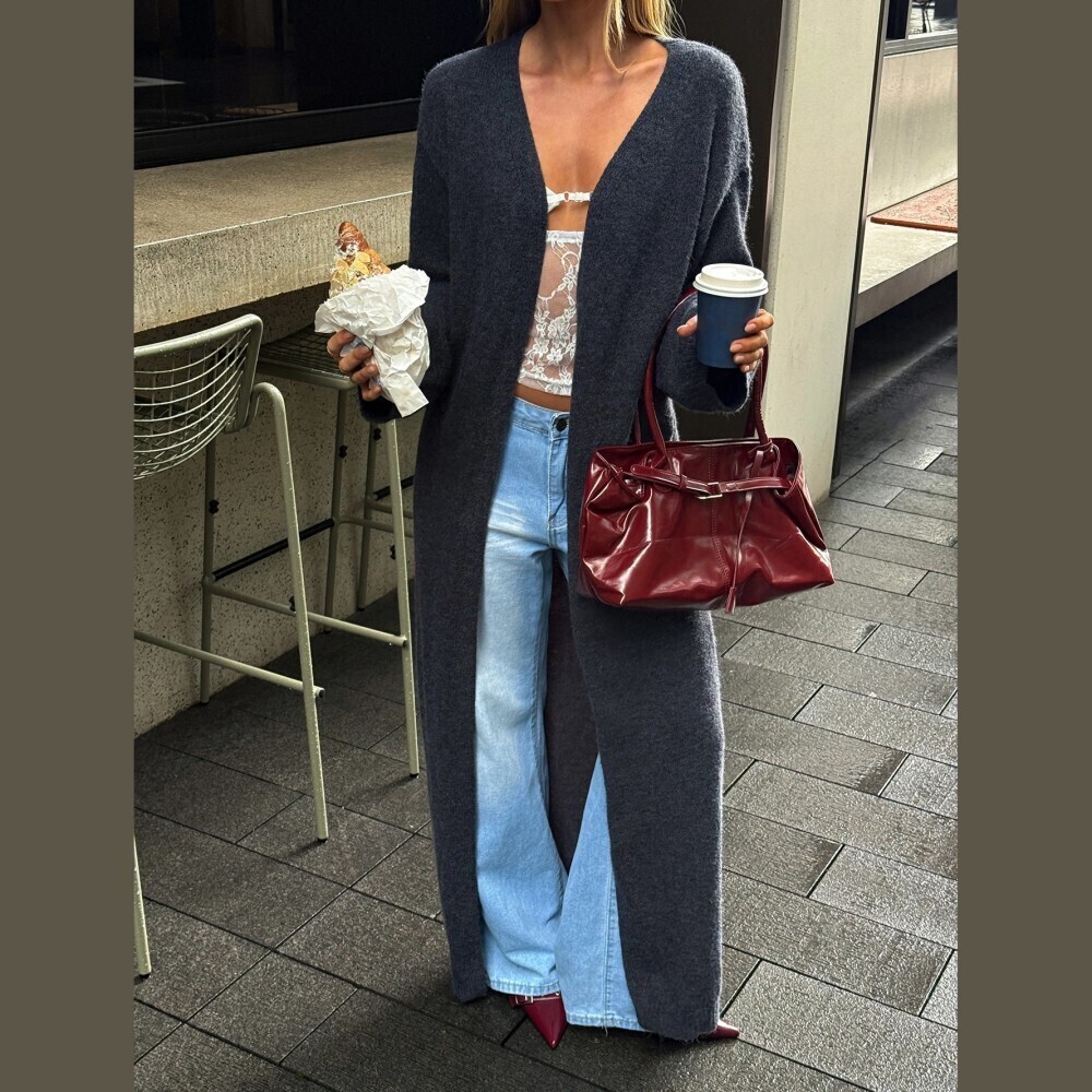 Charcoal Gray Knit Open Front Long Line Duster Cardigan
